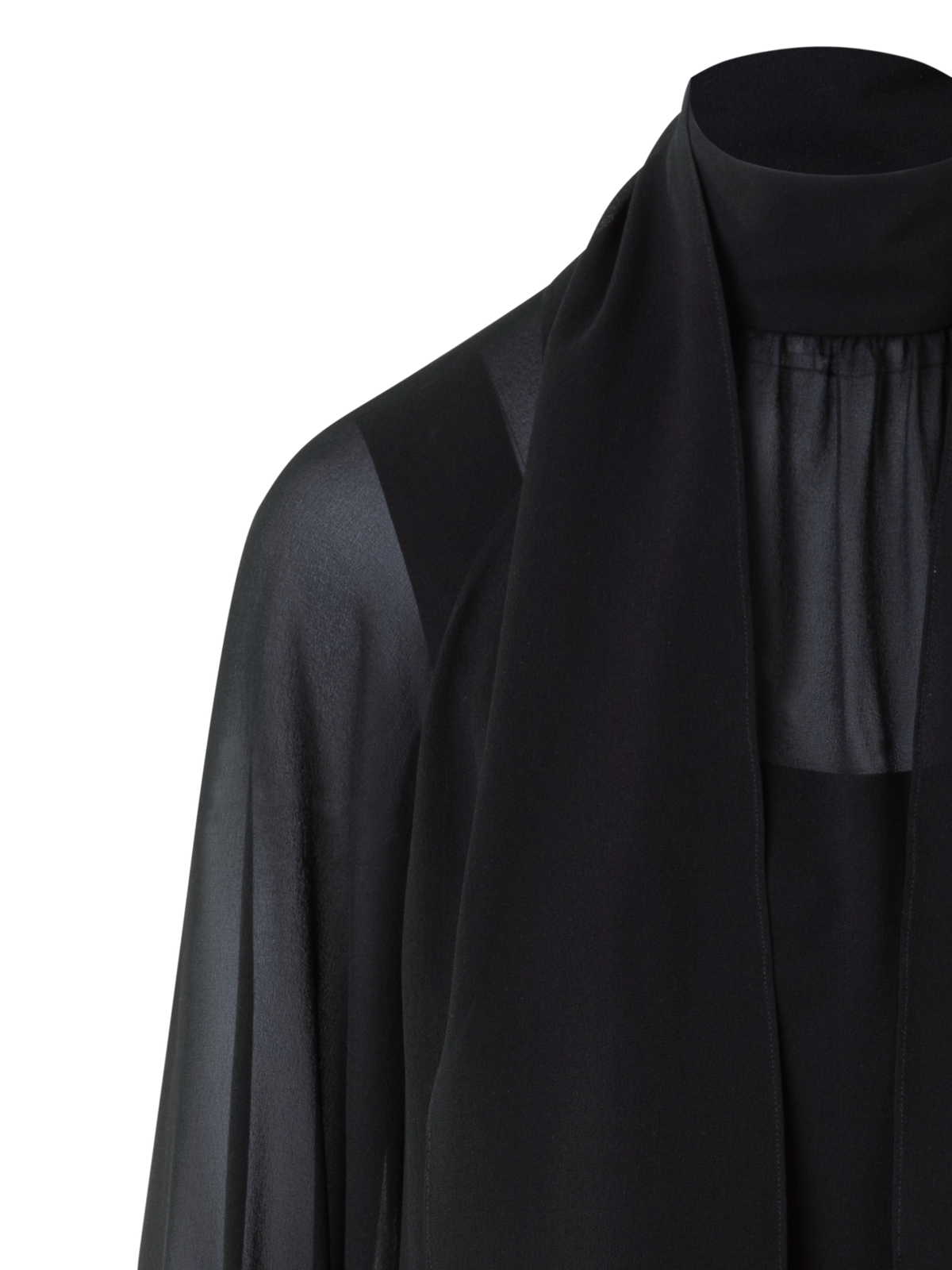 Designer Sheer Silk Tie Neck Blouse with Feather Trim - black - neutral