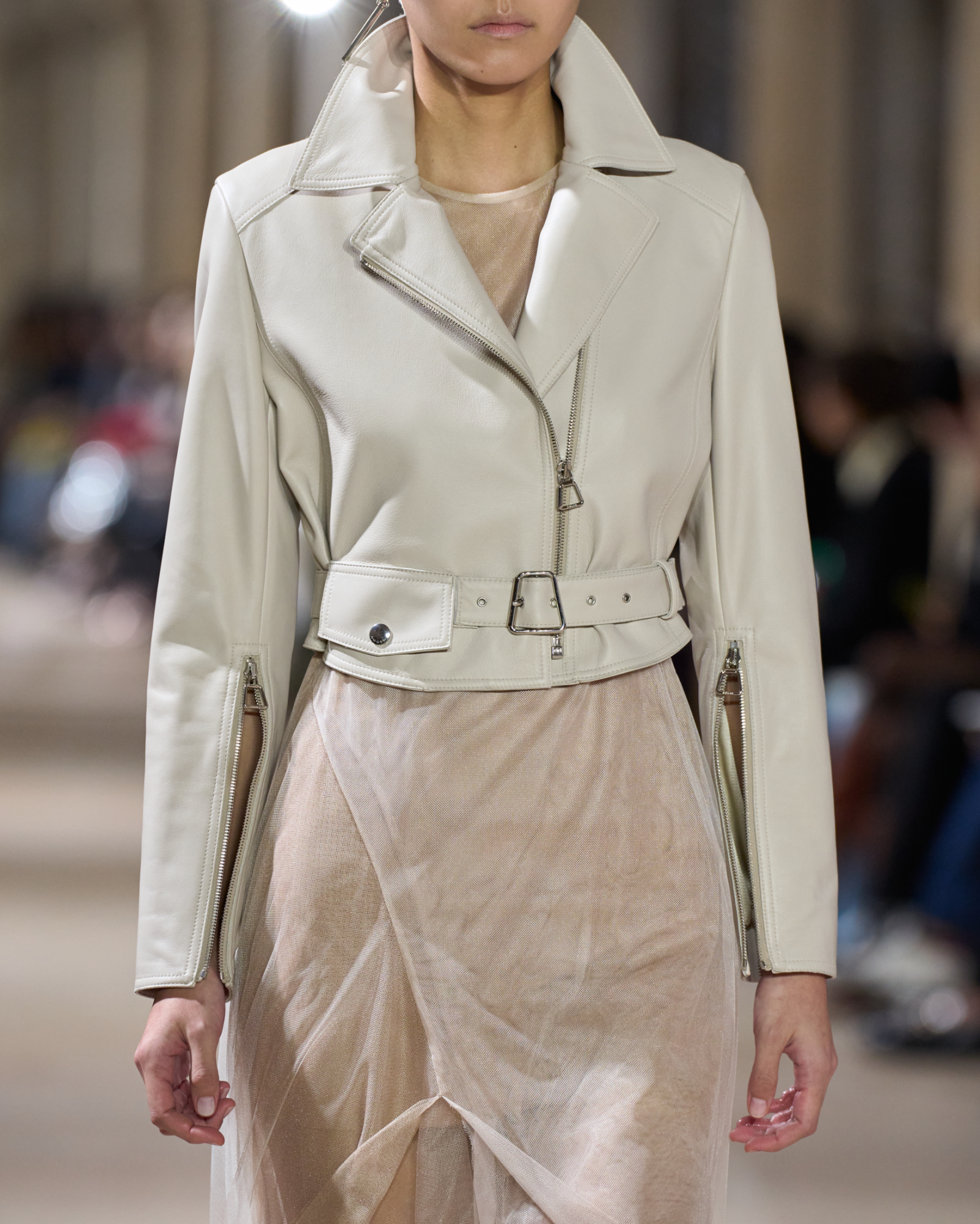 Designer Cropped Leather Biker Jacket - neutral - grey - beige 