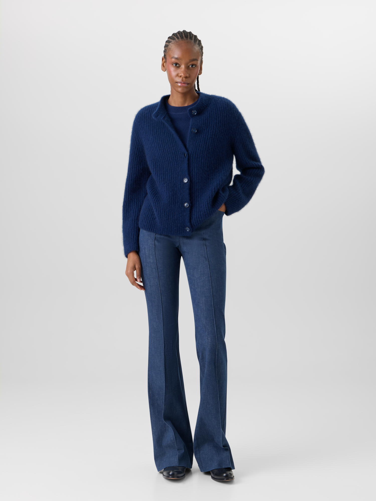 Designer Long-Sleeve Cashmere-Silk Knit Cardigan - blue 
