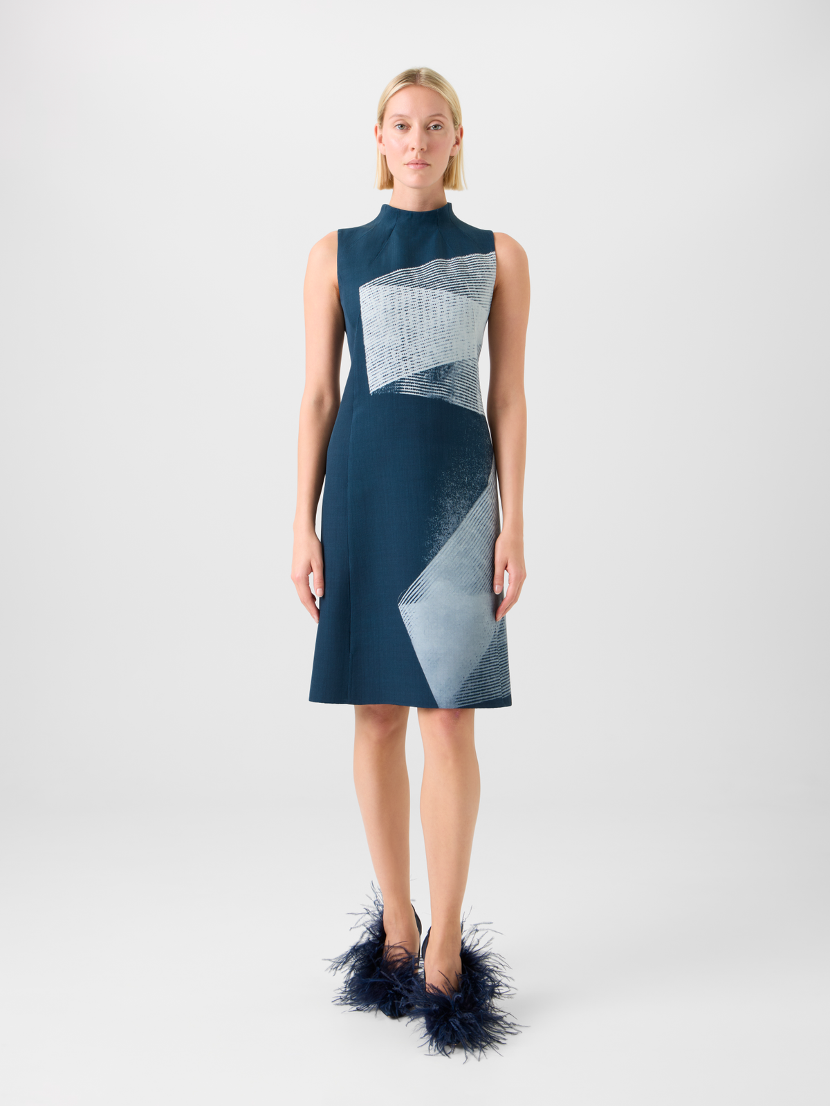 Designer Wool Double-Face Sheath Dress in Zigzag Print - neutral - navy - blue - multicolor #editorial