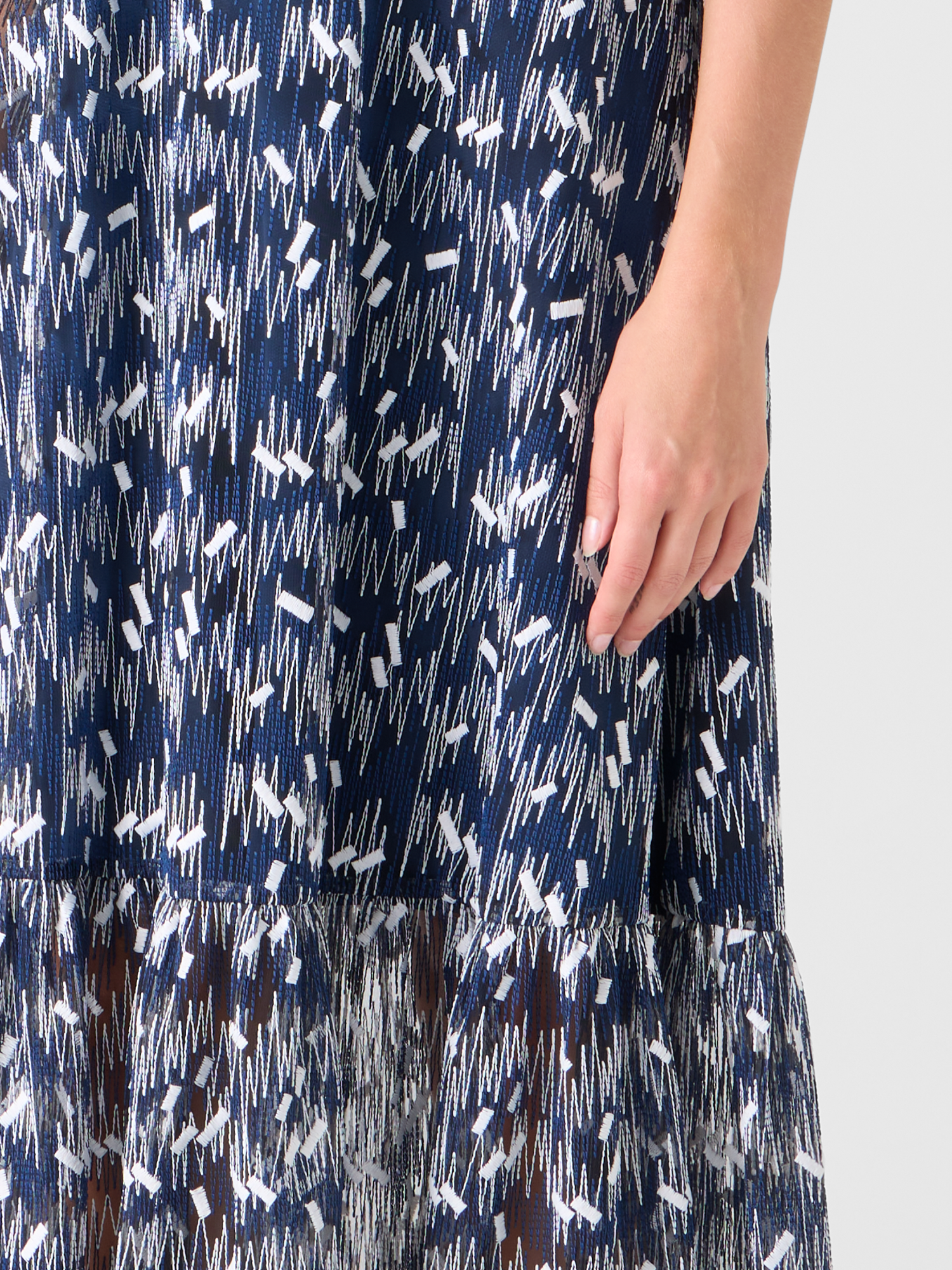 Designer Scribble Dot Embroidered Midi A-Line Dress - blue