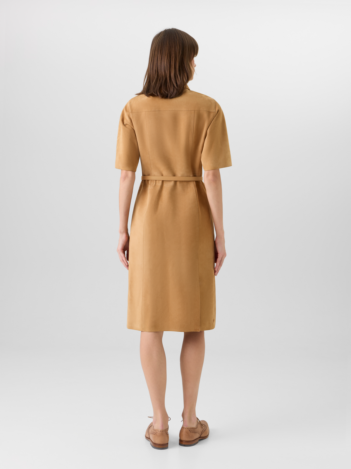 Designer Short-Sleeve Suede Shirt Dress - neutral #editorial