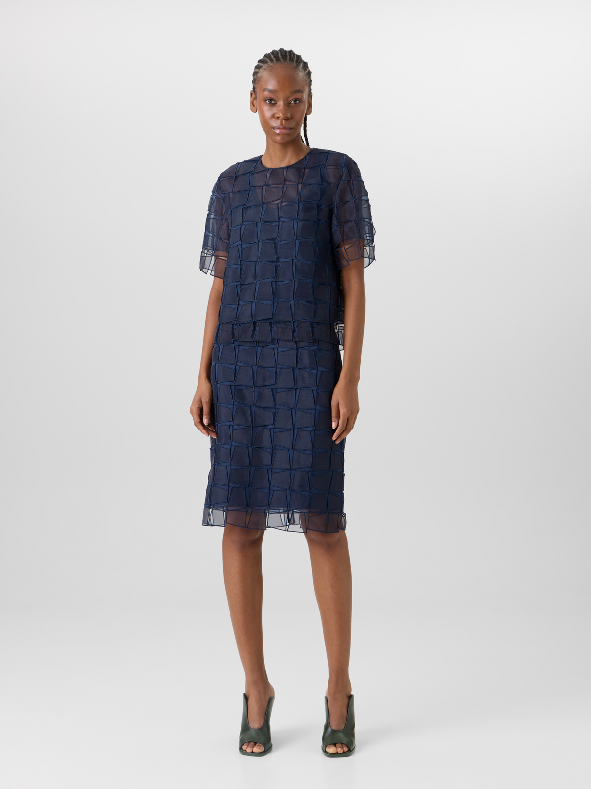 Designer Trapezoid Organza Pencil Skirt - navy #editorial