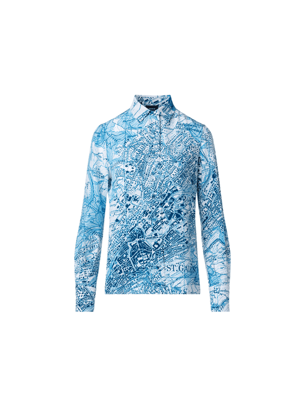 Designer St. Gallen Map Print Silk Blouse - blue - multicolor