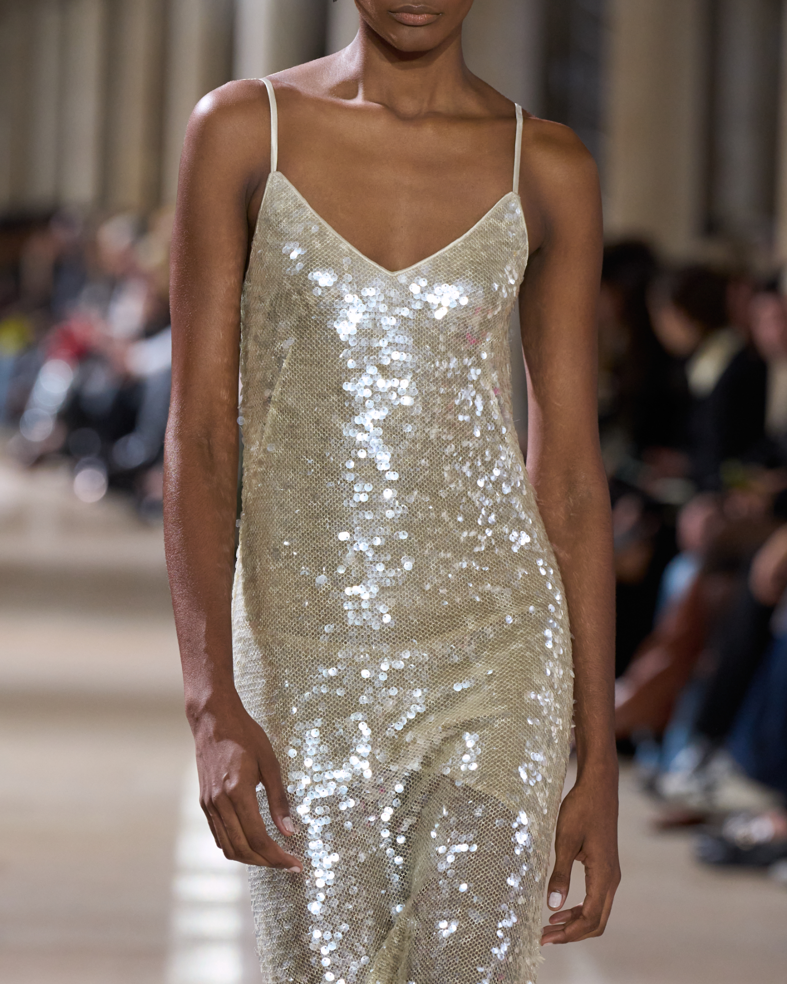 Designer Long Sequined Evening Gown - neutral - pastel - beige 