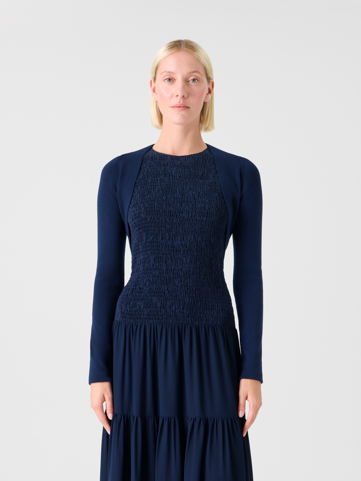 Designer Merino Wool Cropped Bolero Cardigan - navy - blue #editorial