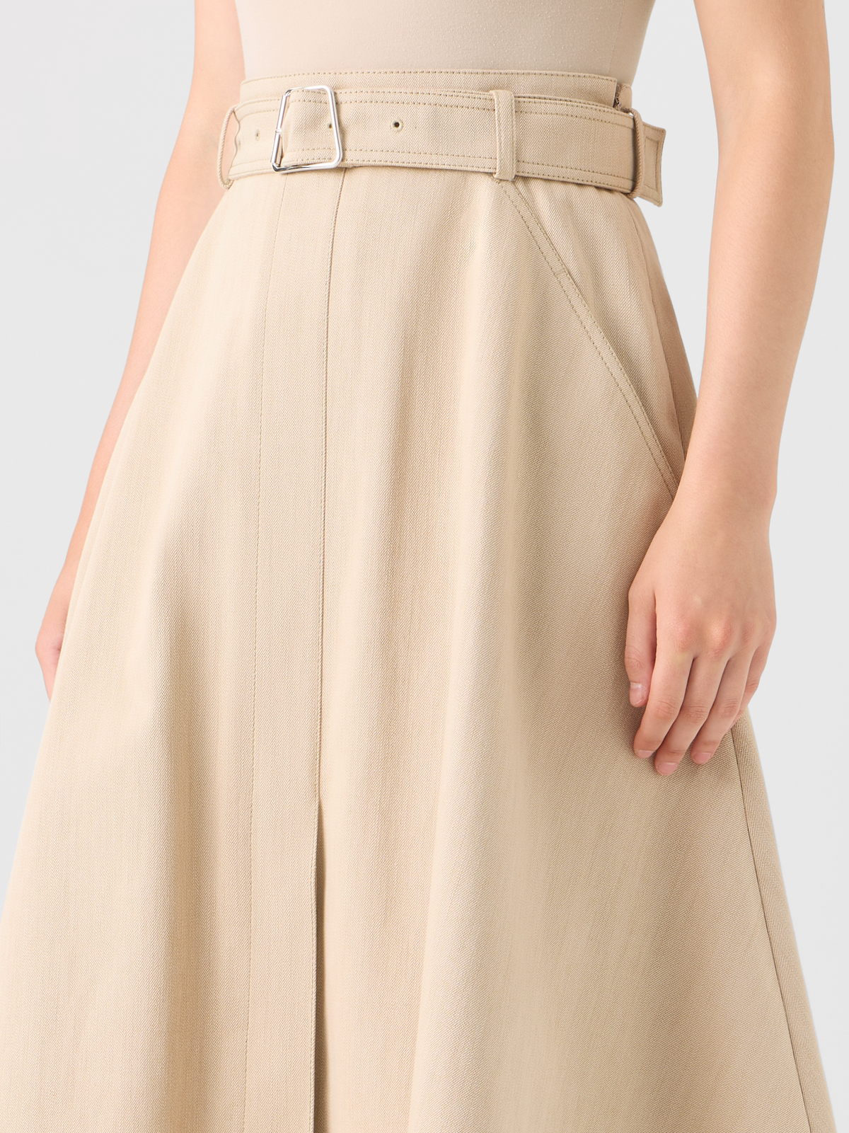 Designer Flared A-Line Midi Skirt in Cotton Denim - beige #editorial
