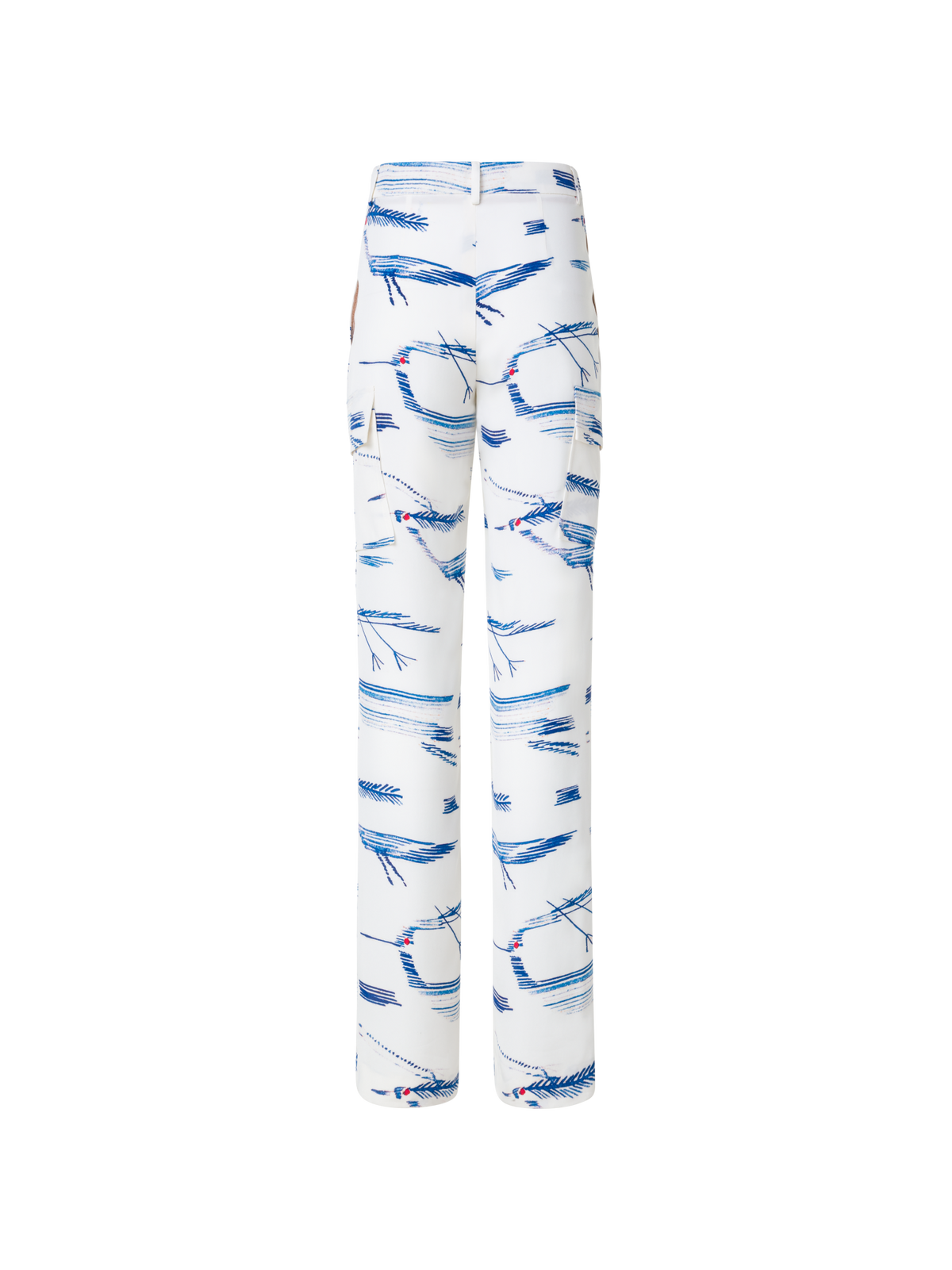 Designer Silk Cargo Pants with Kasuri Birds Print - blue - multicolor - ecru - white