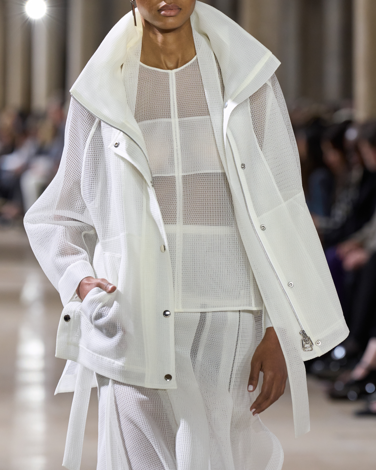 Designer Sleeveless Tie Neck Blouse in Techno Grid - neutral - white #editorial