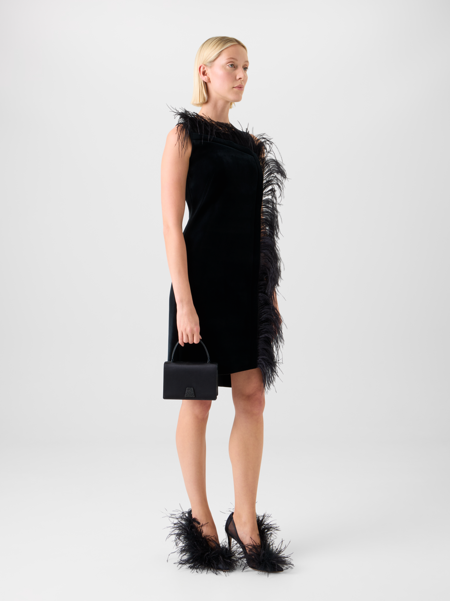Designer Short Velvet Neoprene Dress with Feather Trim - black - neutral 