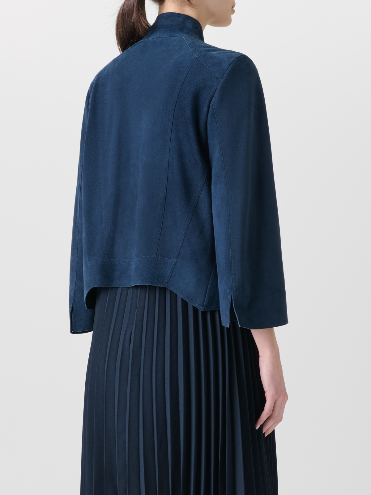 Designer Goat Suede V-Neck Short Jacket - neutral - navy - blue #editorial