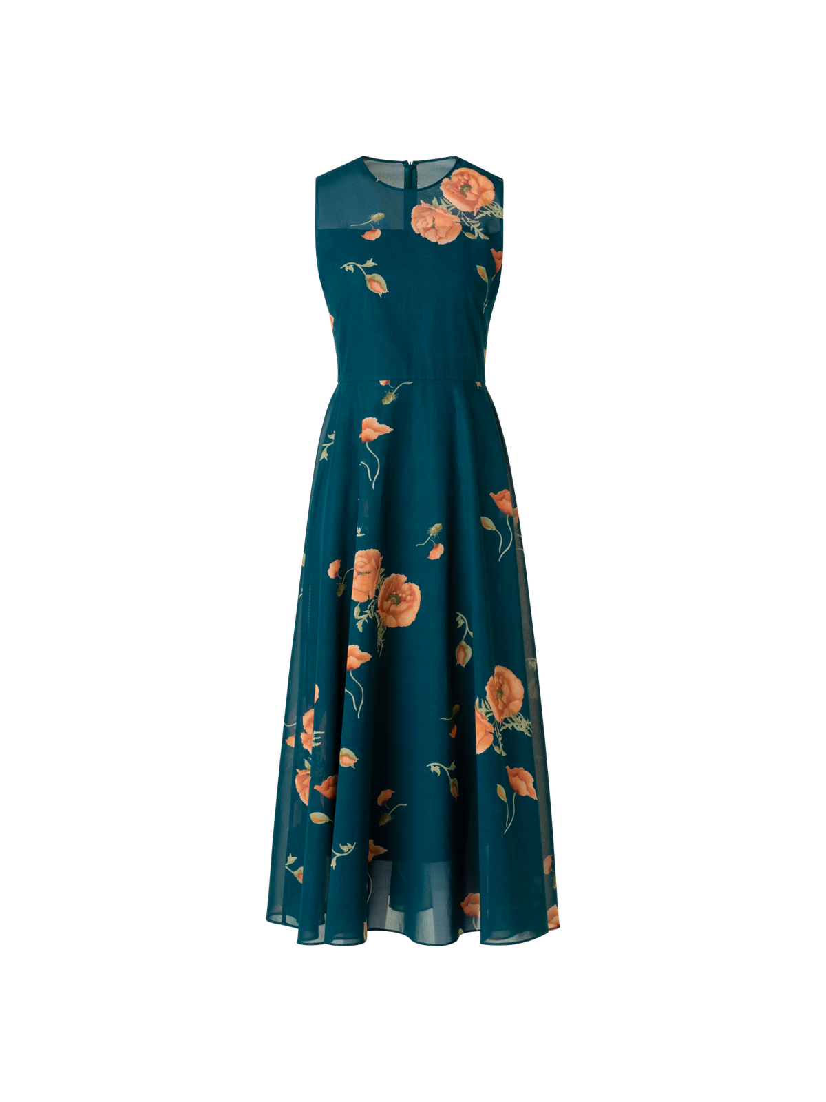 Designer Flared Cotton Midi Dress with Anemone Print  - green - multicolor