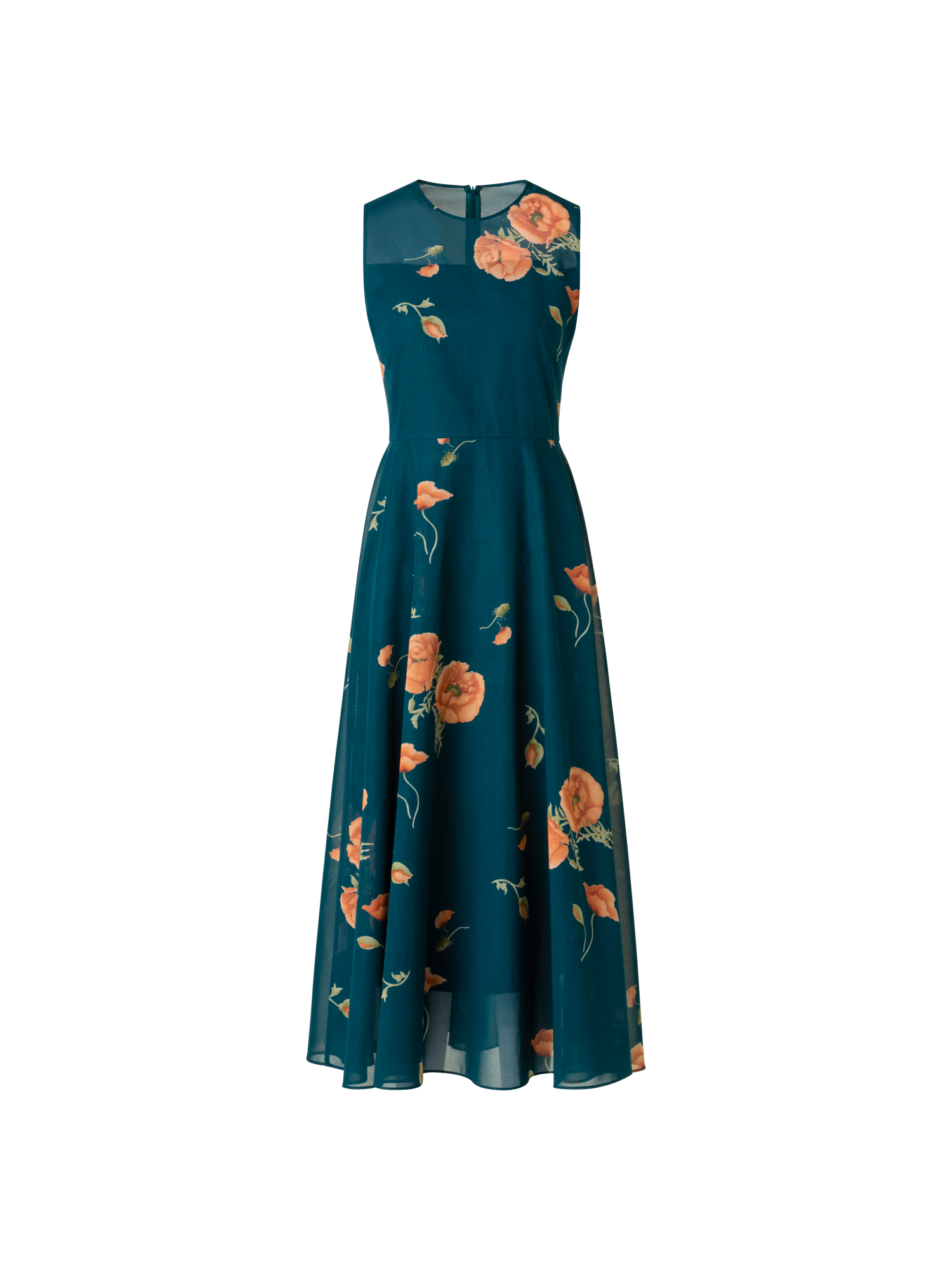 Designer Flared Cotton Midi Dress with Anemone Print  - green - multicolor