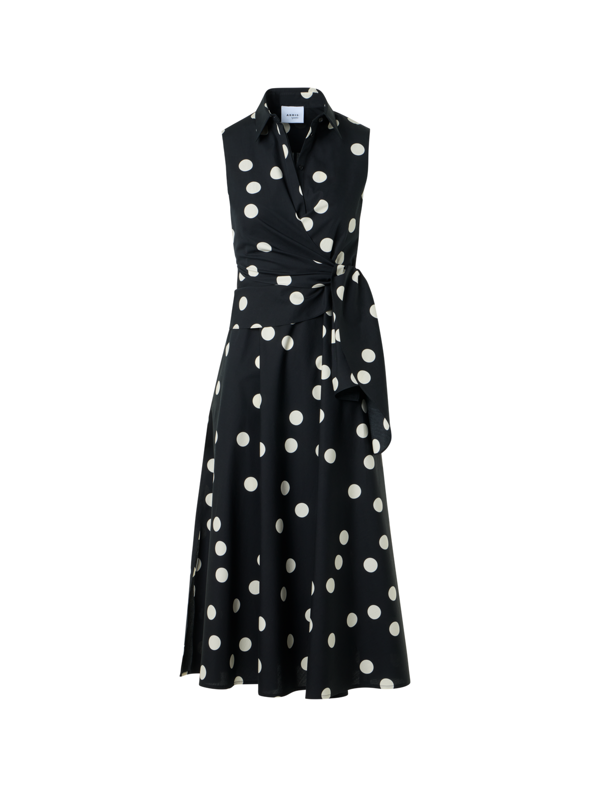 Designer Polka Dot Wrap Midi Dress in Cotton Poplin - black