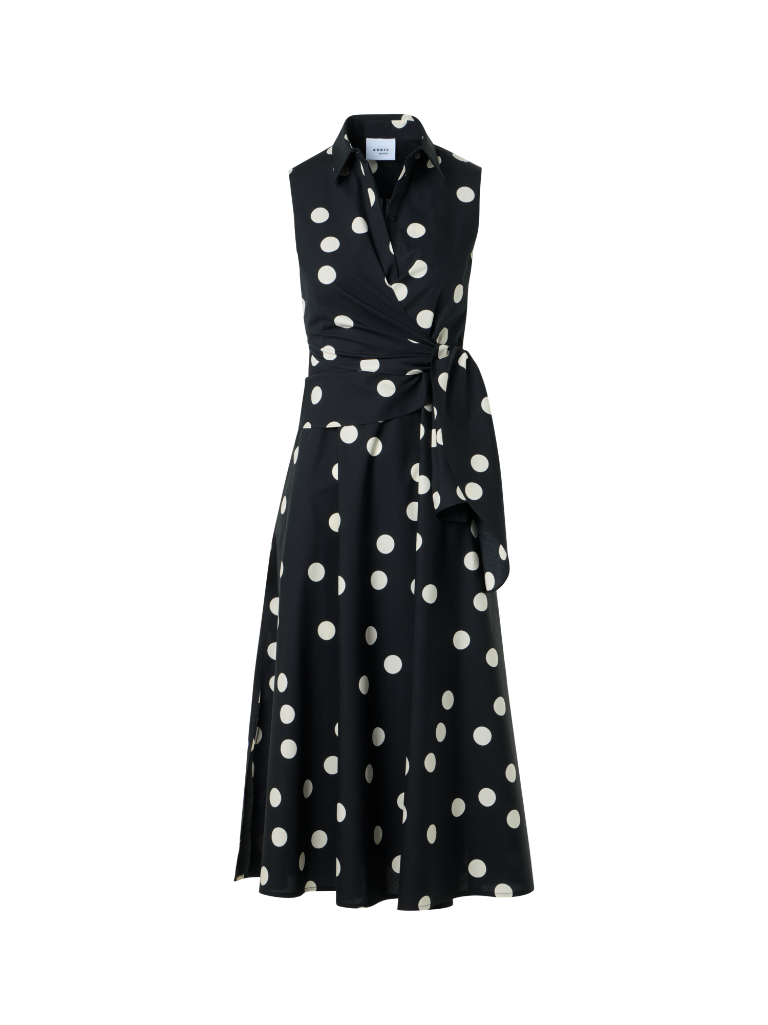 Designer Polka Dot Wrap Midi Dress in Cotton Poplin - black