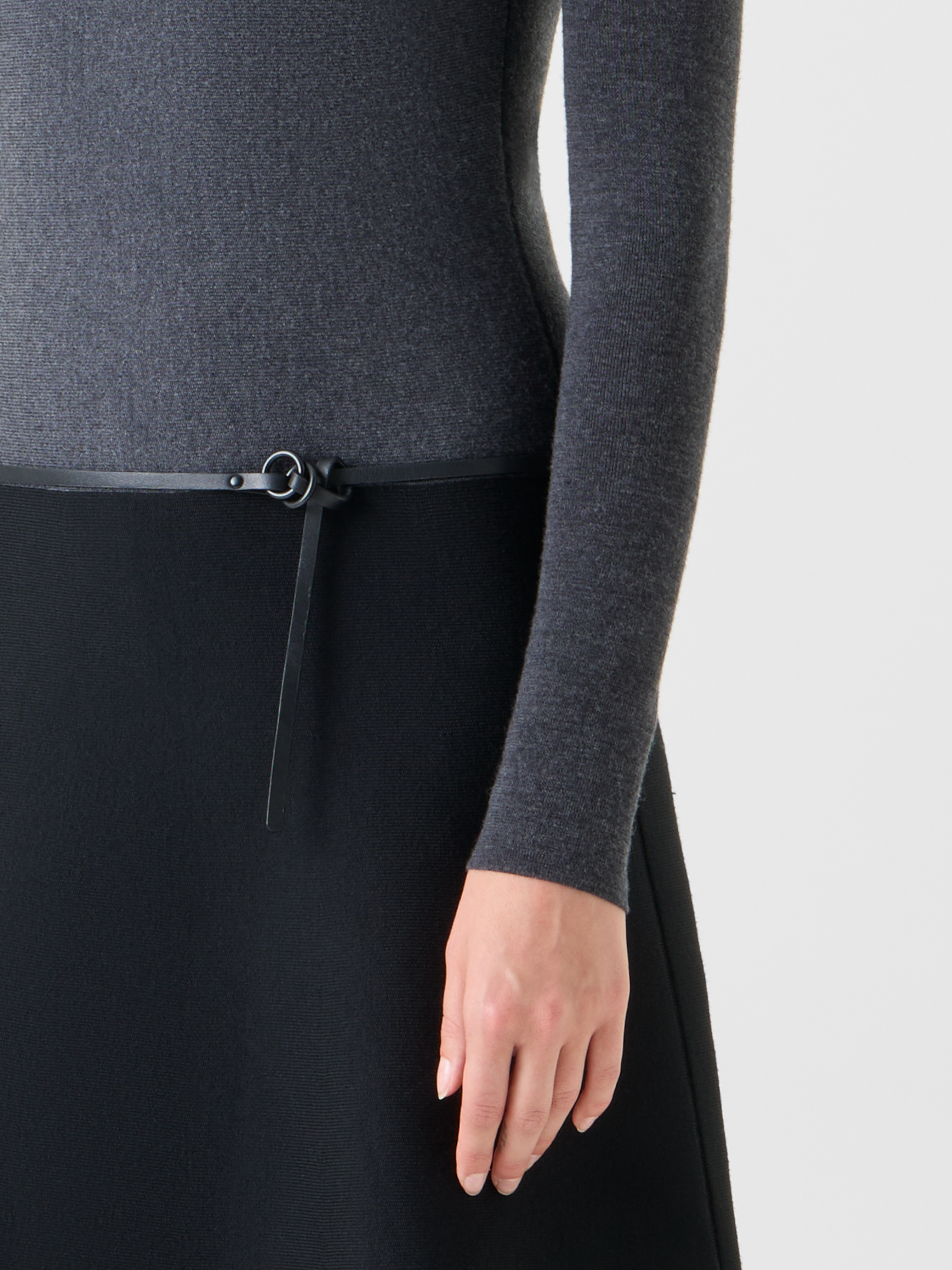 Designer A-Line Belted Milano Knit Mini Dress - black - neutral - grey - multicolor 