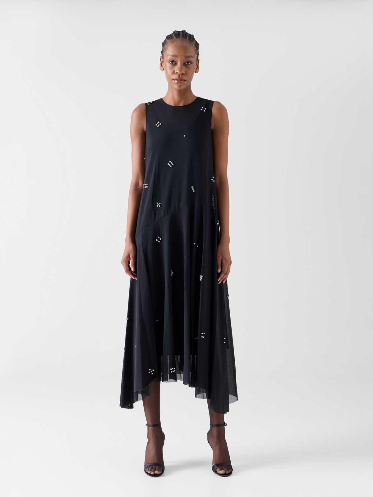Designer Midi Tulle Dress with Diamond Dice Embellishment - black #editorial