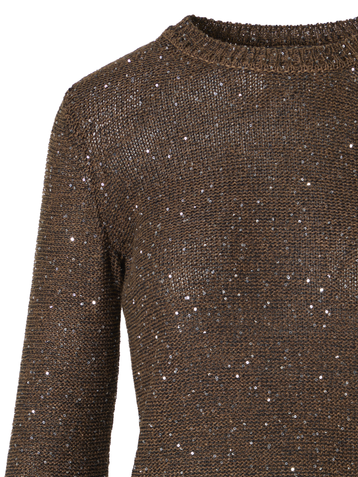 Designer Knit Sweater in Linen Cotton with Micro Sequins - brown