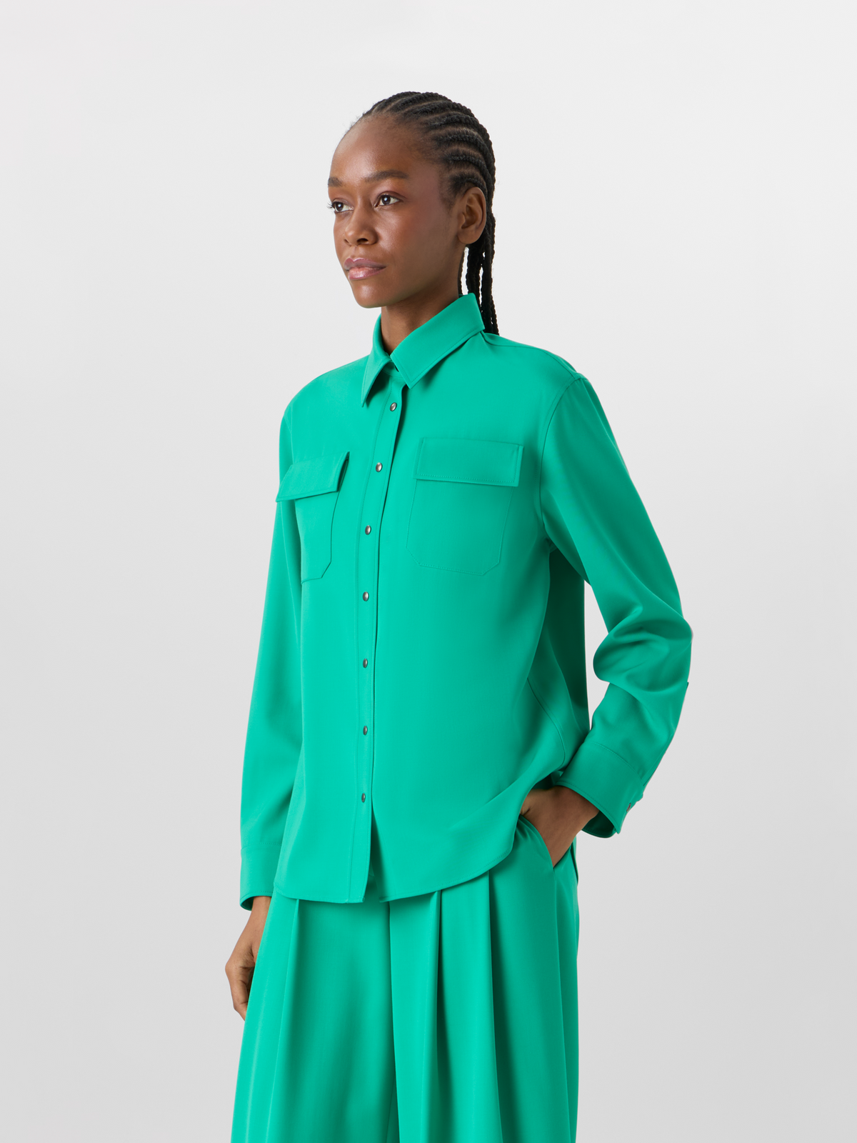 Designer Long-Sleeve Wool Gabardine Blouse - green #editorial