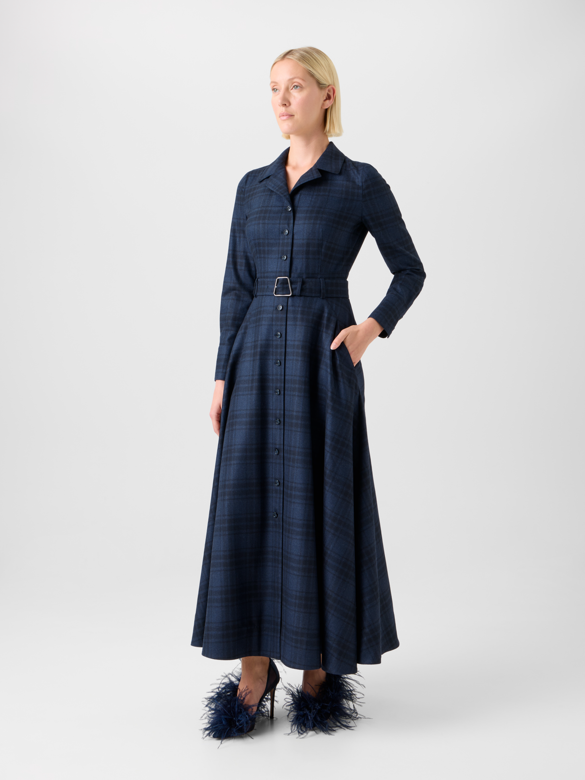 Designer Belted Wool Flannel Plaid Midi Shirt Dress - neutral - navy - blue #editorial