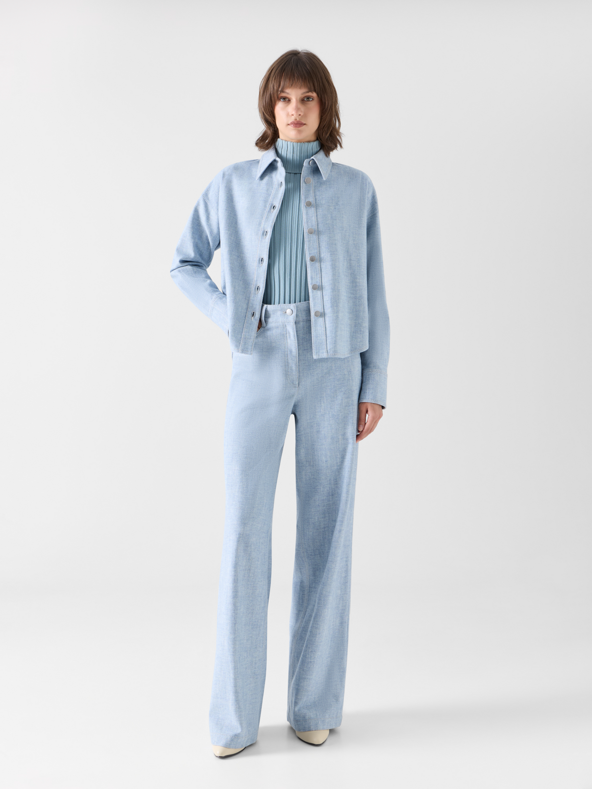 Designer Cropped Shirt Blouse in Brushed Winter Denim - blue #editorial