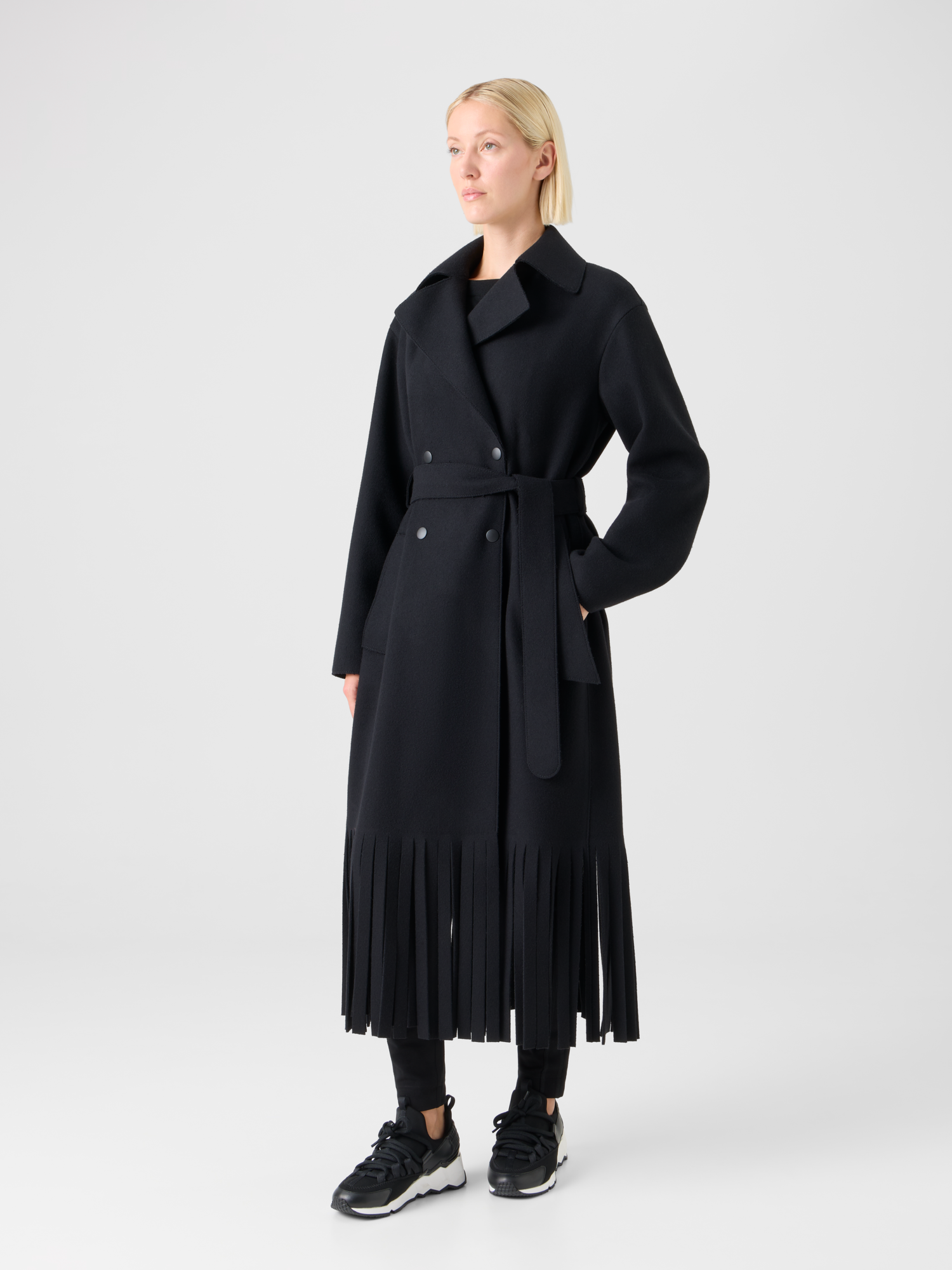 Designer Fringed Felted Wool Trench Coat - black 