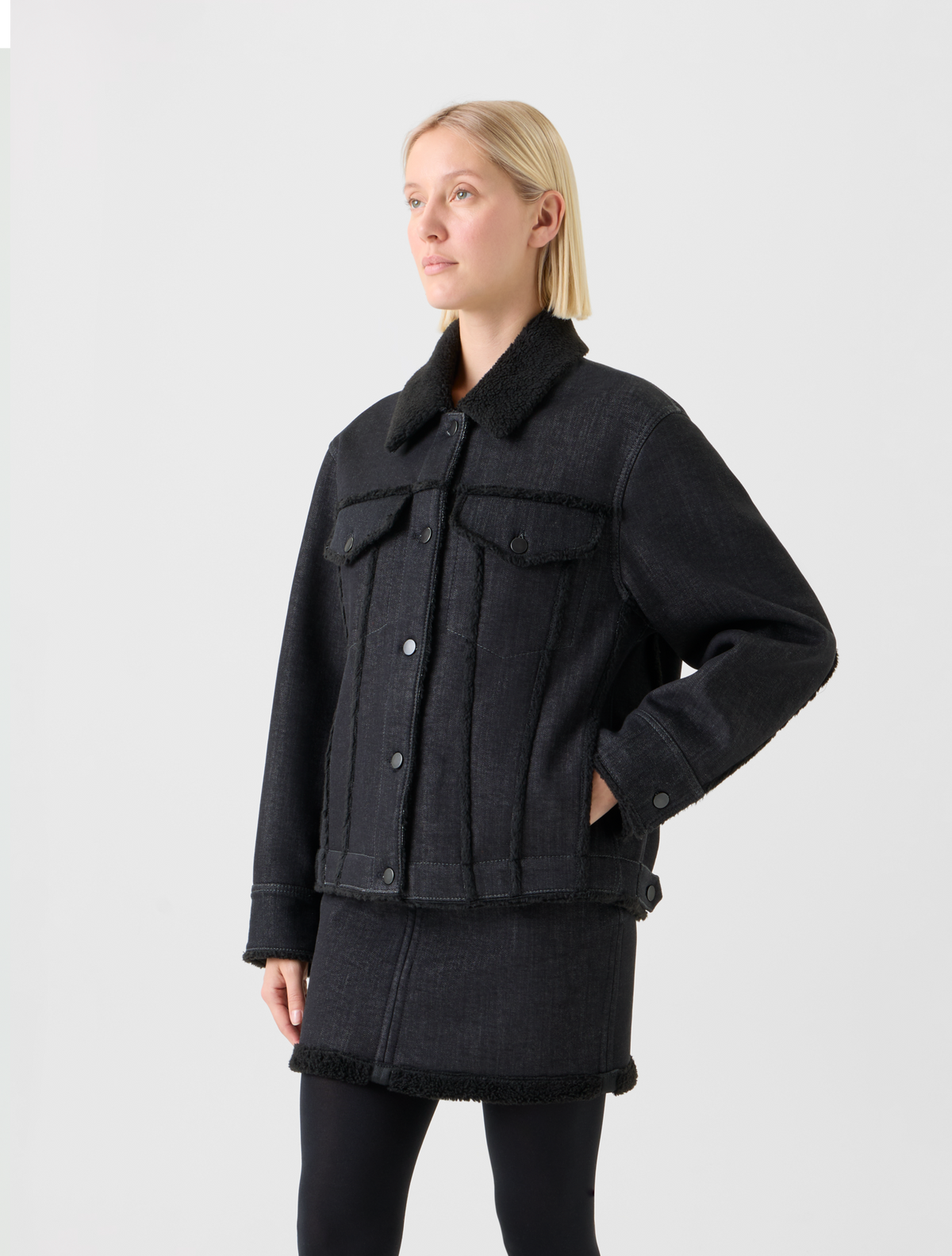 Designer Oversized Denim Jacket &  Faux Shearling Collar - black - neutral #editorial