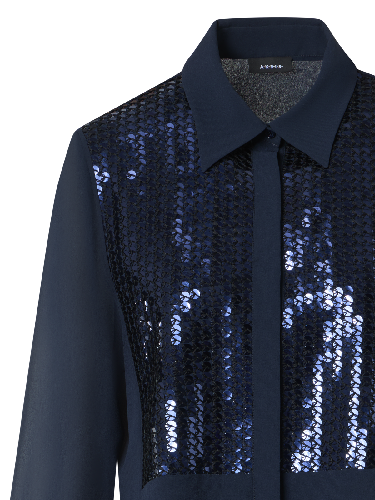 Designer Silk Georgette Blouse with Sequins Plastron - navy - blue