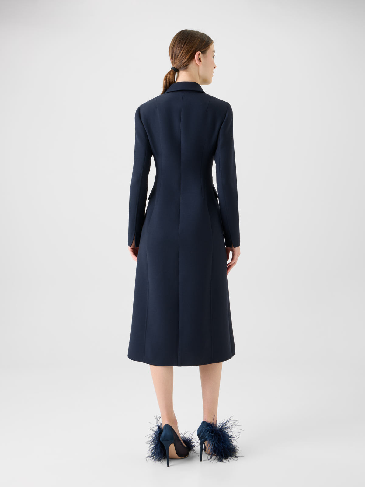 Designer Fitted Wool Double-Face Midi Coat Dress - neutral - navy - blue #editorial