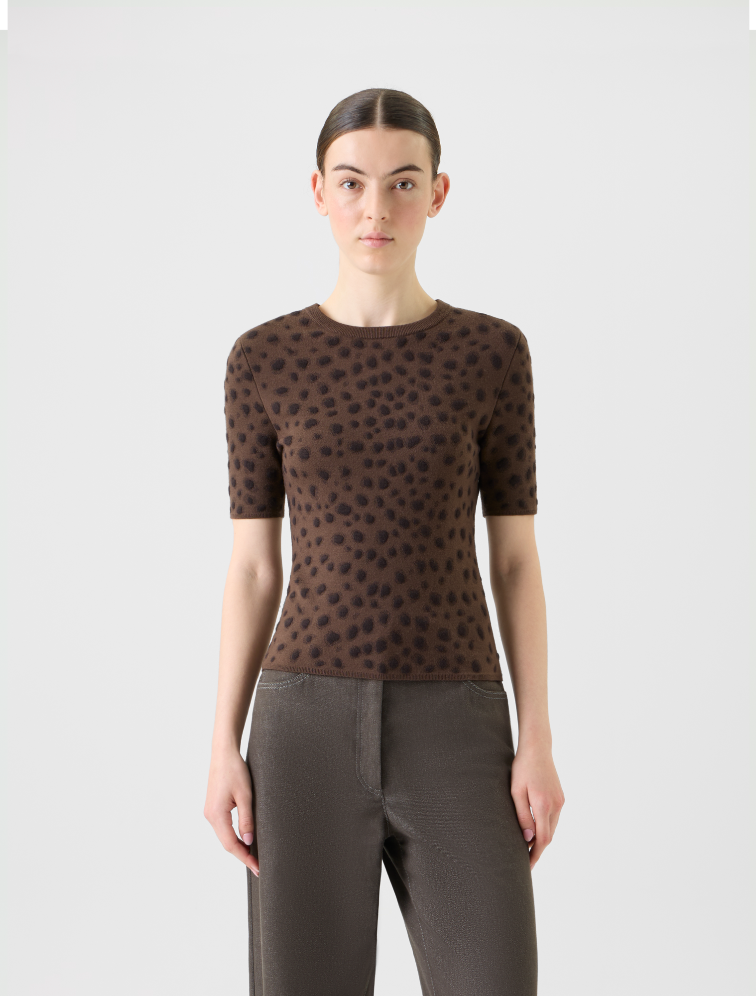 Designer Fitted Merino Wool Knit Top in Leopard Jacquard - neutral - brown 
