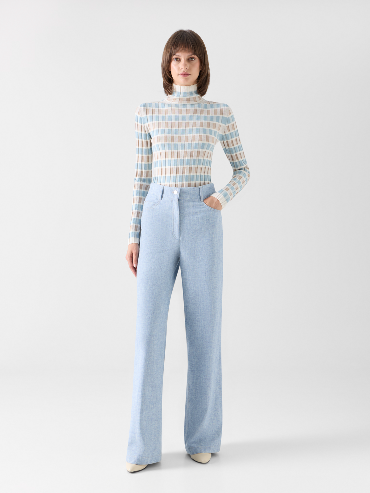 Designer Merino Wool Ribbed Sweater with Check Intarsia - multicolor #editorial