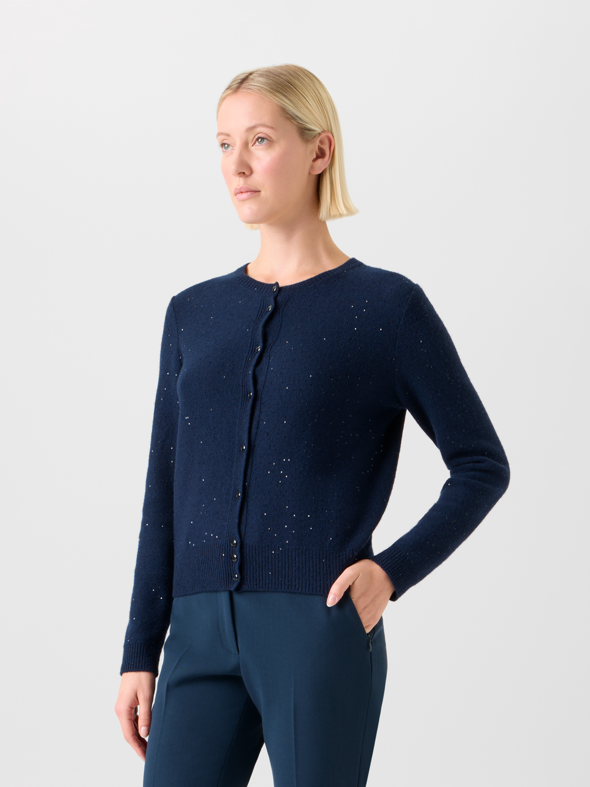 Designer Sequin Wool Cashmere Knit Cardigan - neutral - navy - blue #editorial
