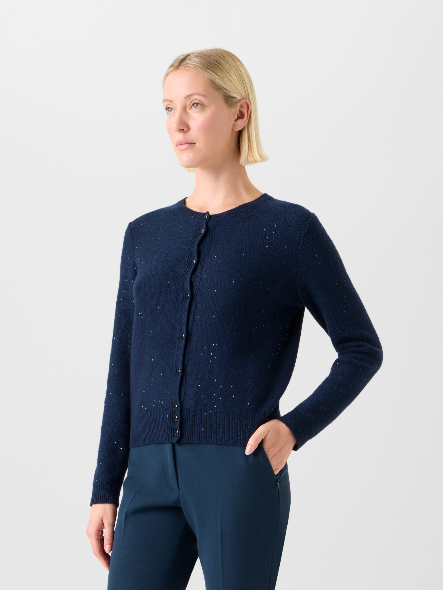 Designer Sequin Wool Cashmere Knit Cardigan - neutral - navy - blue 