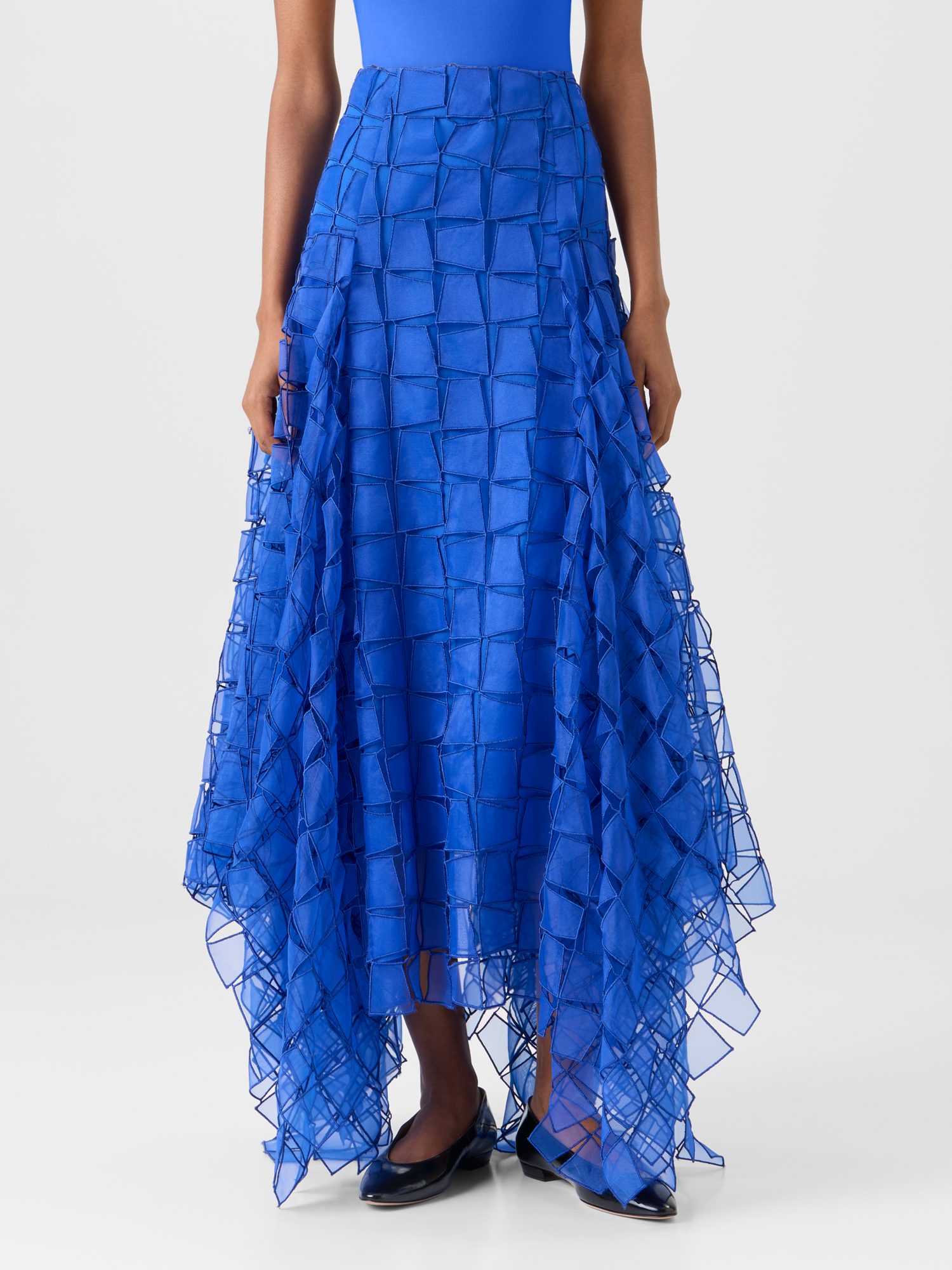 Designer Maxi Skirt with Tapezoid Organza Embroidery - blue 