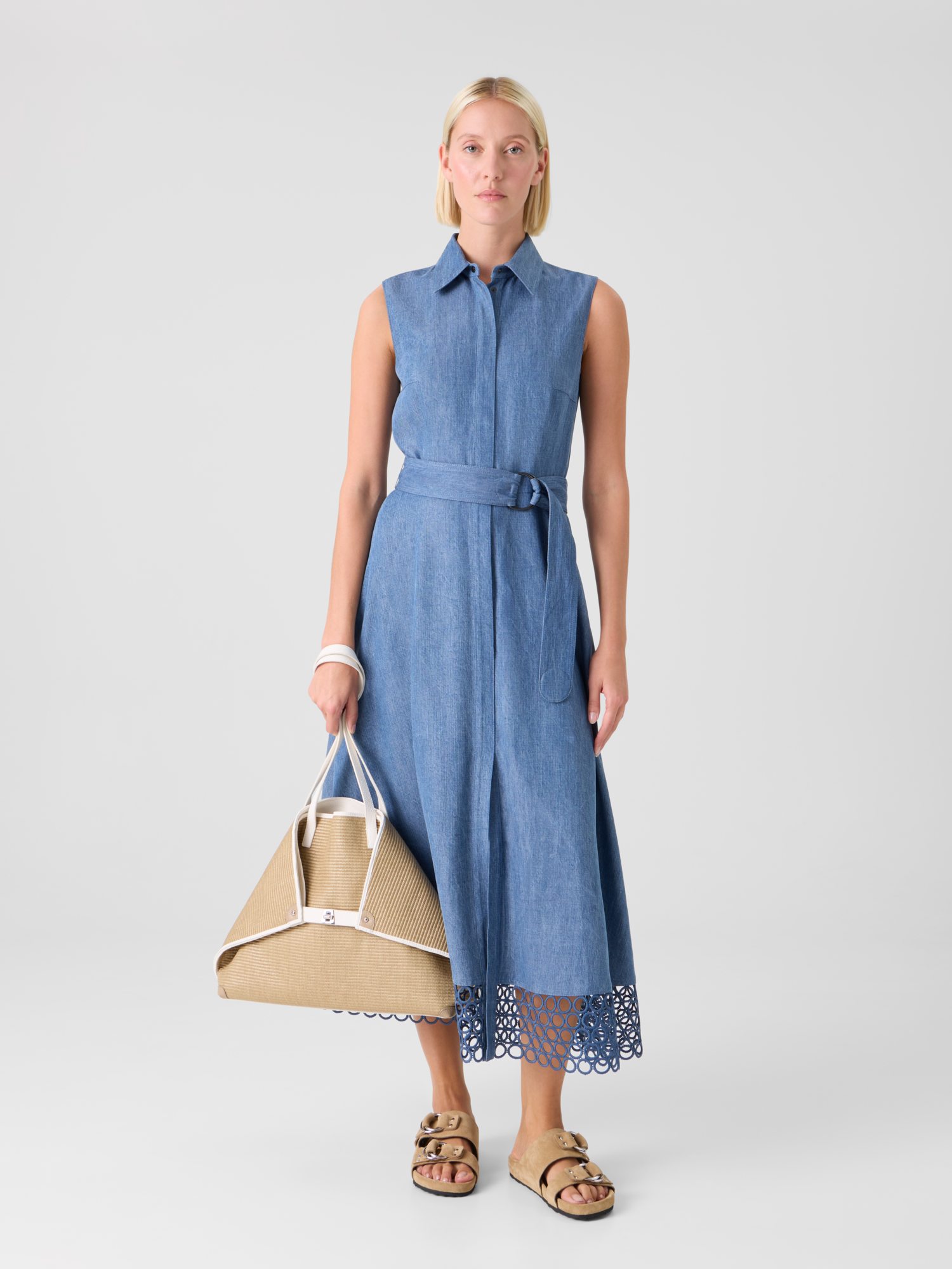 Designer Denim Shirt Dress with Eyelet Guipure - blue