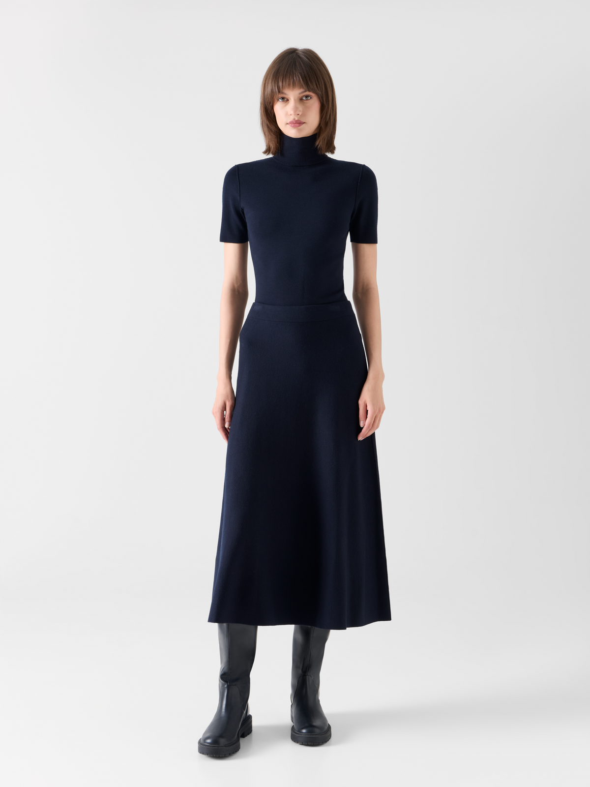 Designer Milano Knit Flared Midi Skirt - navy #editorial