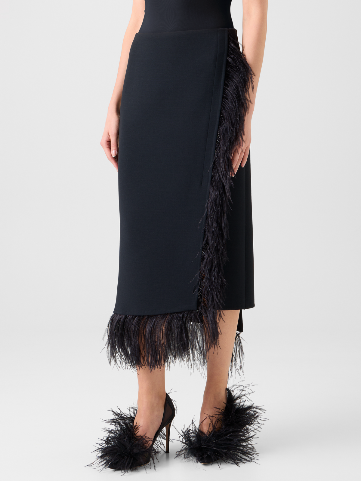 Designer Asymmetrical Wool Midi Skirt with Feather Trim - black - neutral #editorial