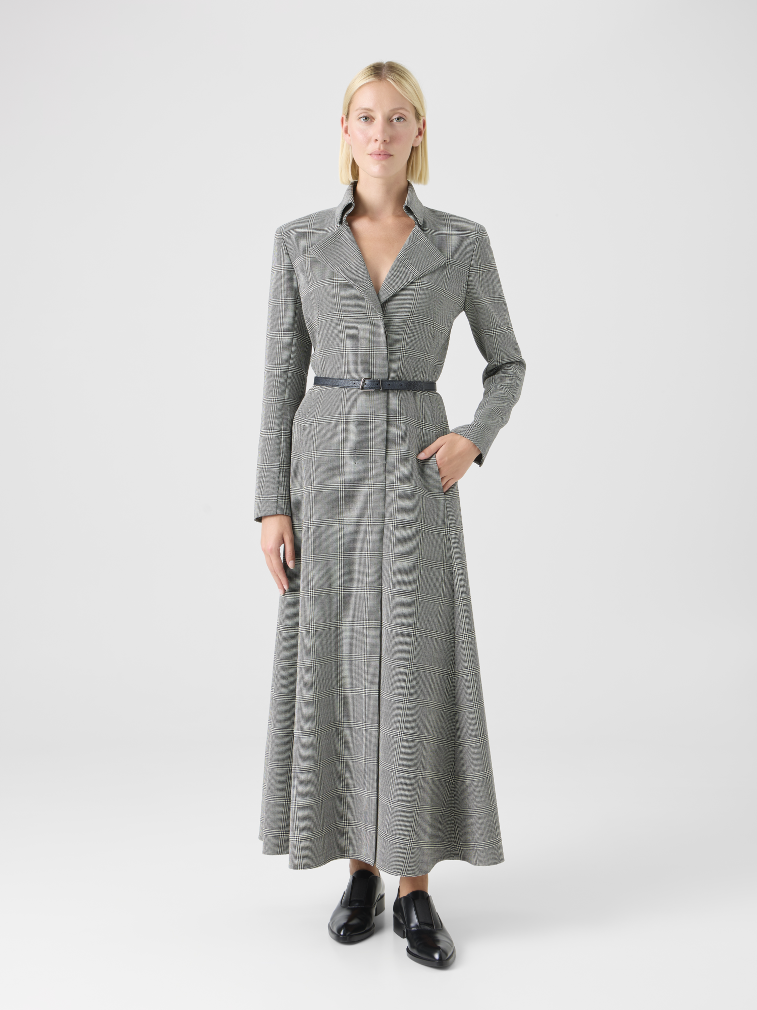 Designer Prince of Wales Check Wool Double-Face Midi Dress - grey 