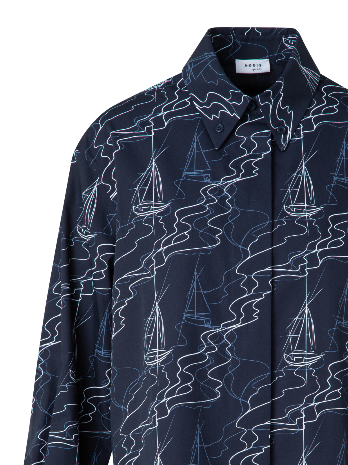 Designer Boxy Blouse in Cotton with Sailboat Print - navy - blue - multicolor