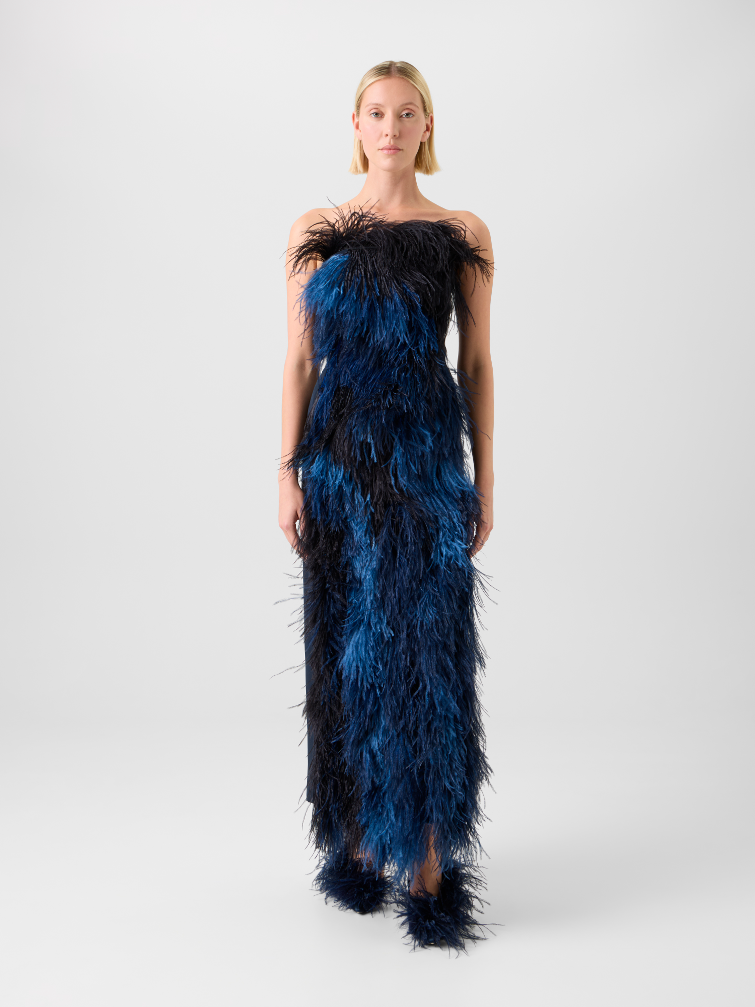 Designer Feathered Corsage Silk Gown with Slit - navy - blue - multicolor 