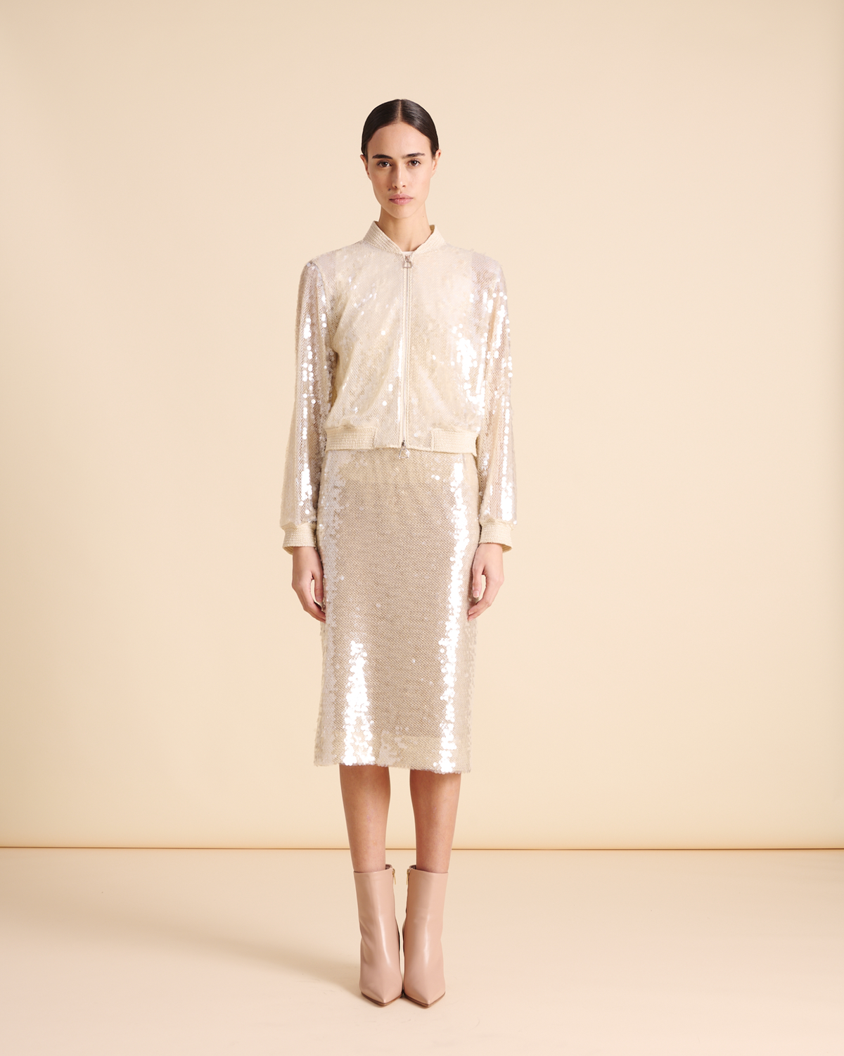 Designer Sequin Bomber Jacket - neutral - ecru - beige - white #editorial