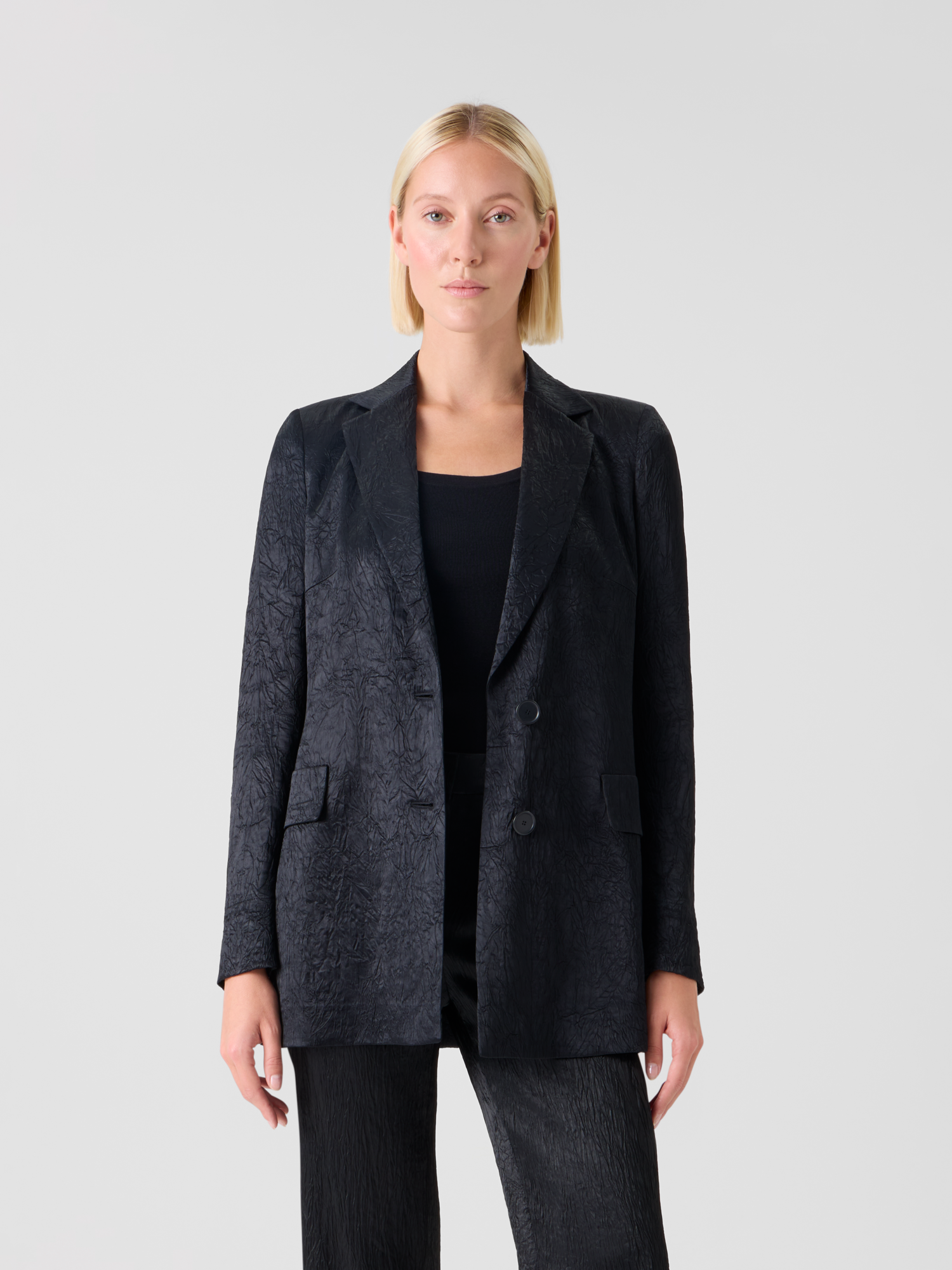 Designer Crinkled Satin Boyfriend Jacket - black