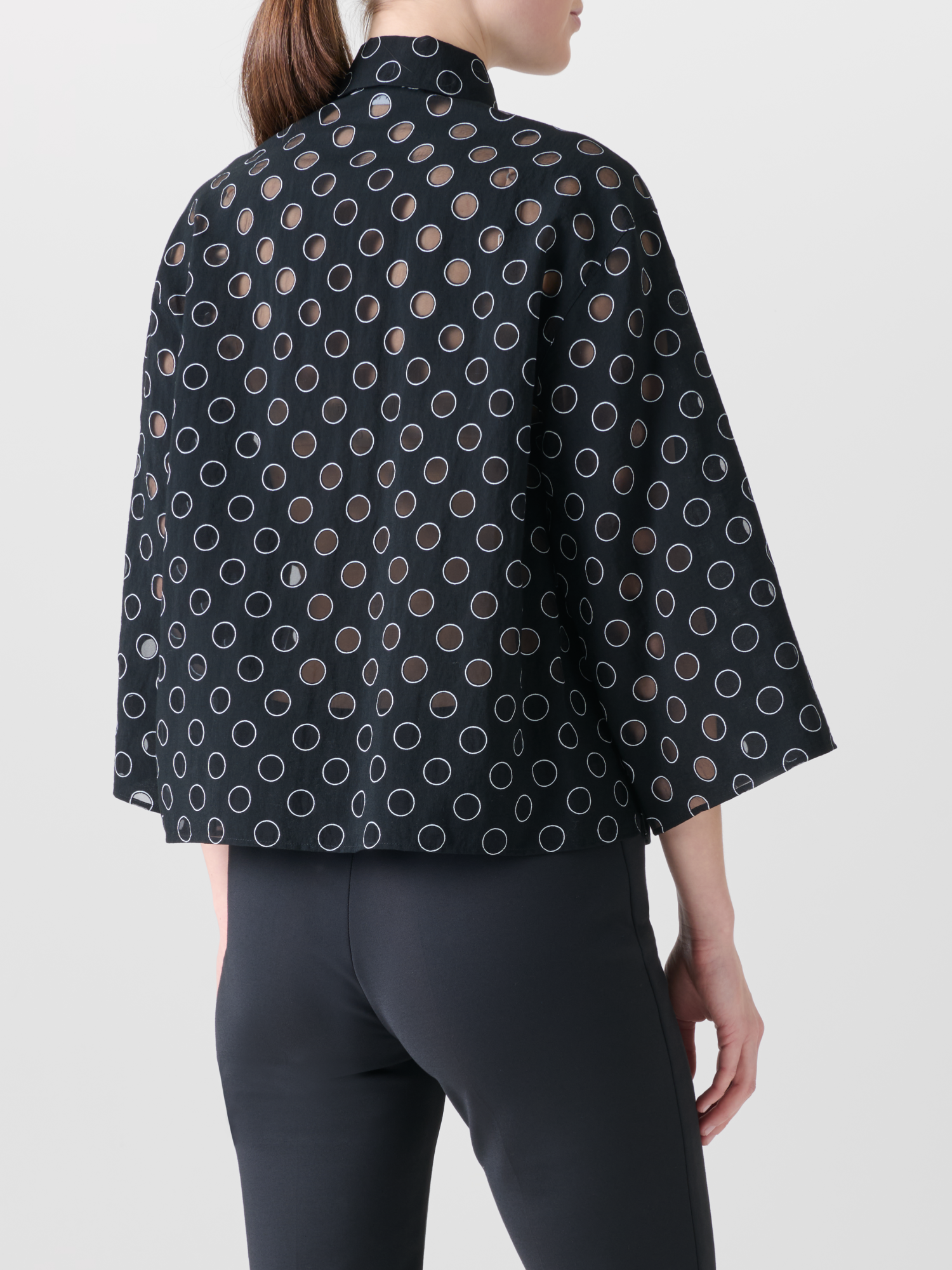 Designer Cropped Shirt Blouse with Sheer Polka Dots - black 