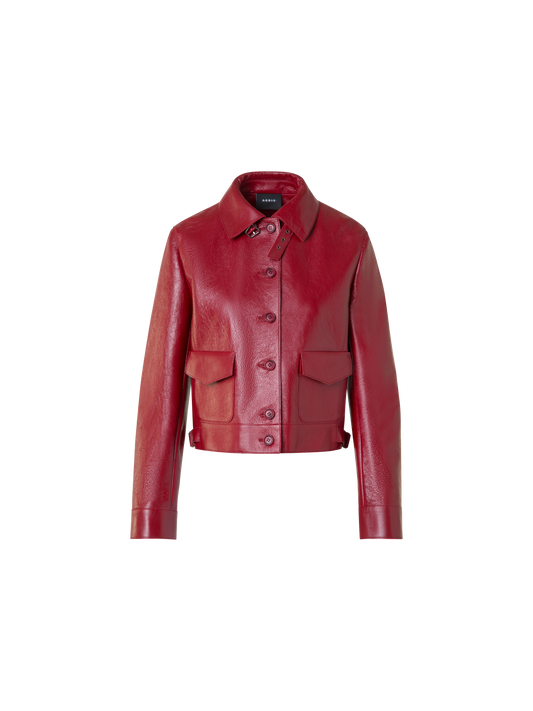 Designer Short Bomber Jacket in Lacquered Leather - red