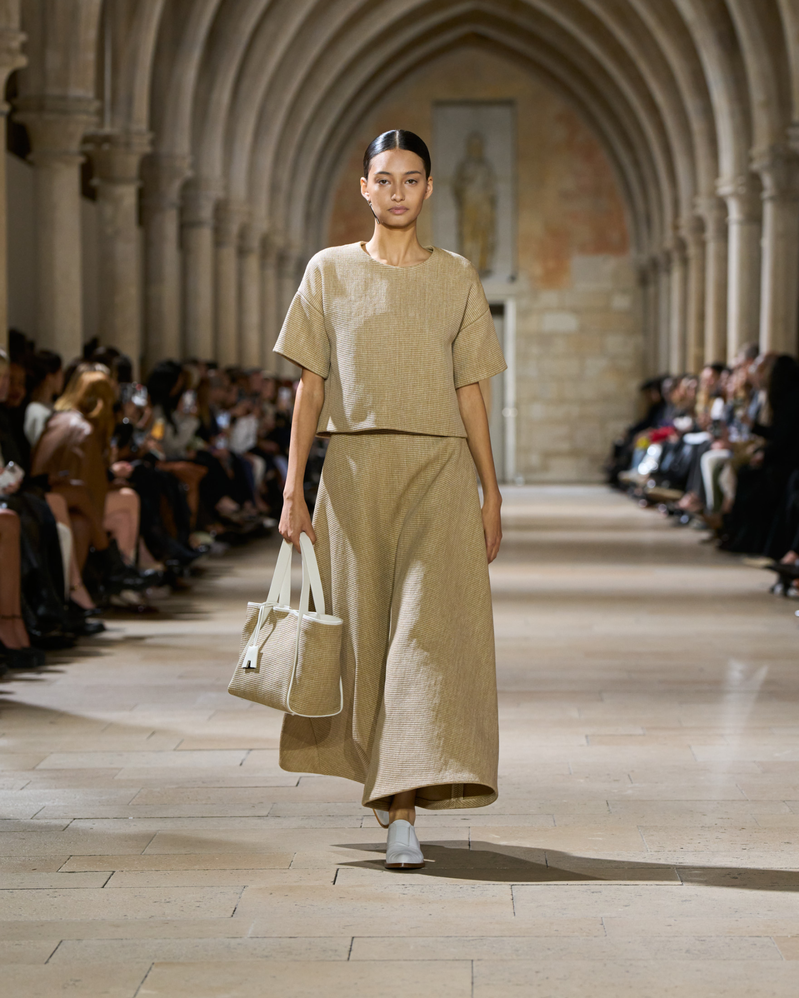 Designer A-Line Midi Skirt in Soft Cotton Raffia - neutral - beige 