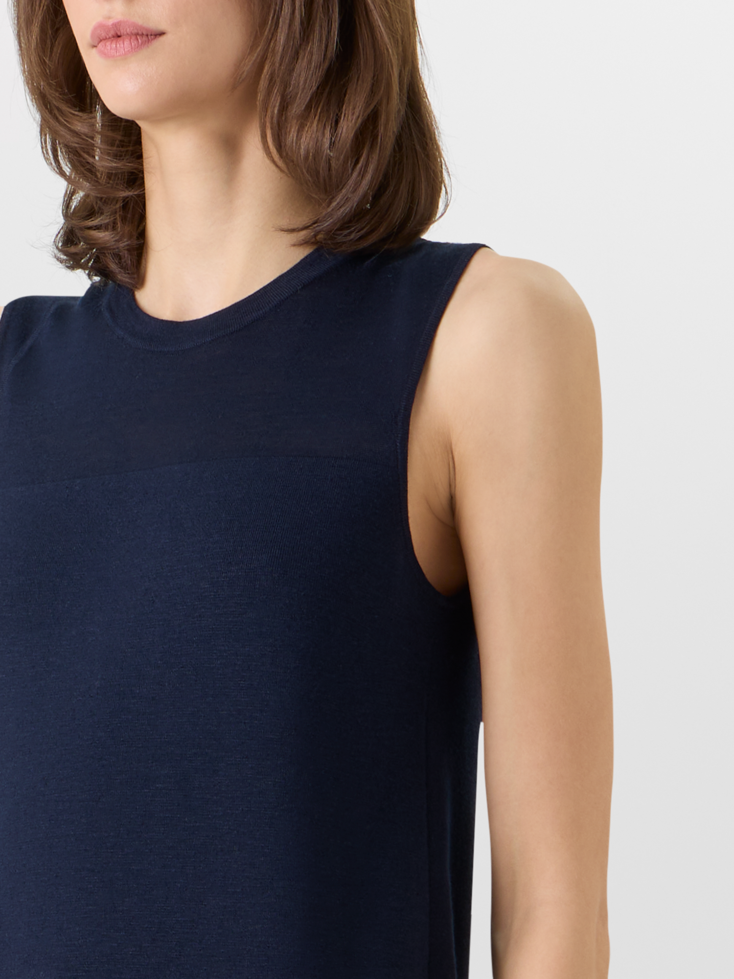 Designer Sleeveless Stretch Linen-Silk Knit Sheath Dress - navy 