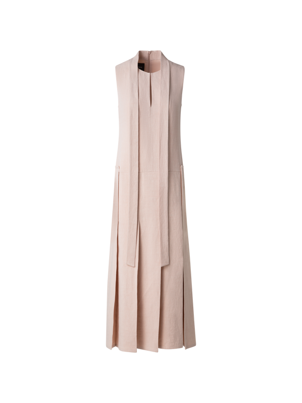 Designer Pleated Midi Dress in a Linen Wool Blend - neutral - pastel - beige