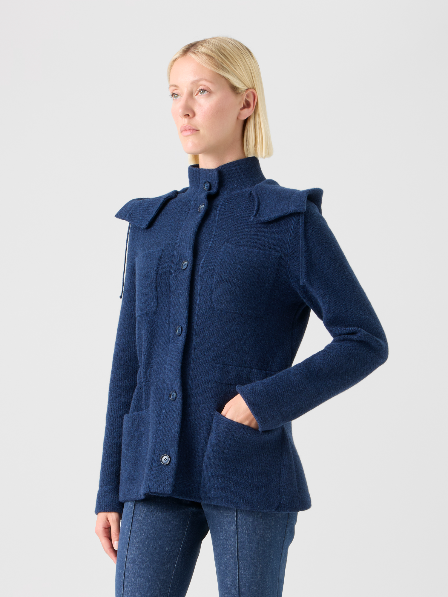 Designer Cashmere Piqué Hooded Knit Jacket - navy 