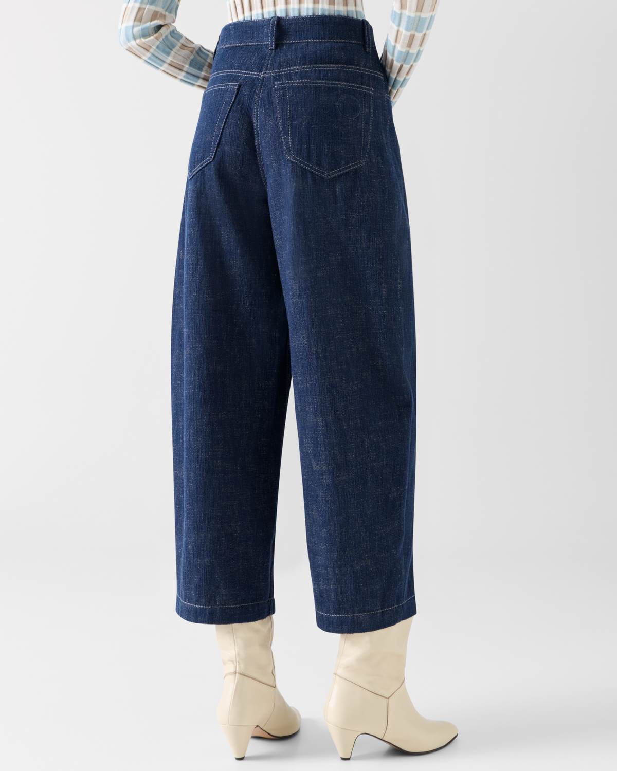 Designer Barrel Leg Pants in Brushed Winter Denim - navy #editorial