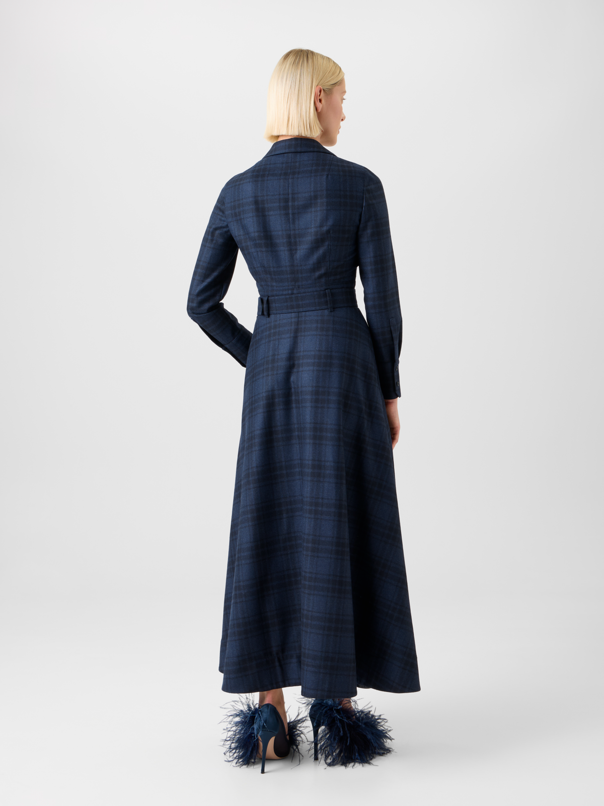 Designer Belted Wool Flannel Plaid Midi Shirt Dress - neutral - navy - blue #editorial